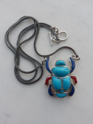 Art Deco Turquoise Sterling Silver Scarab Egyptian Revival Pendant ...