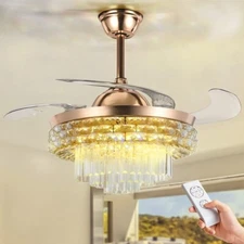 Luxury 42" Crystal Chandelier Invisible Ceiling Fan Light Remote 3-Color 3-Speed
