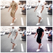 T Shirt Men Fashion Solid Short Sleeve Grey Sport Suit T-Shirt Shorts SET 2PCS