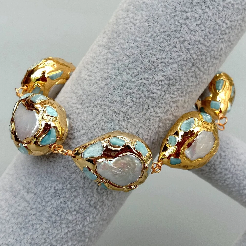 9" Freshwater White Pearl Teardrop Shape Blue larimar Gold Plated Bracelat - Image 2 of 4
