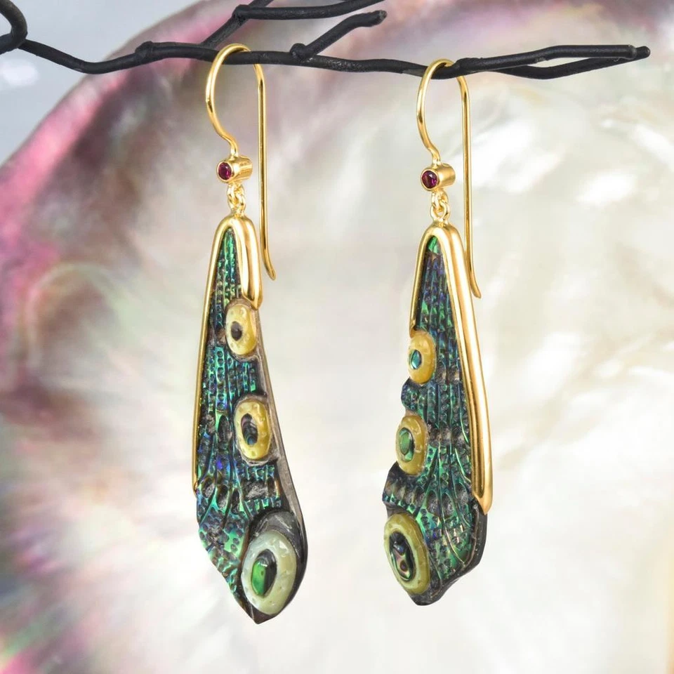 Dragonfly Wing Earrings Abalone Carving Gold Vermeil Sterling Silver Ruby 6.25 g - Image 4 of 4