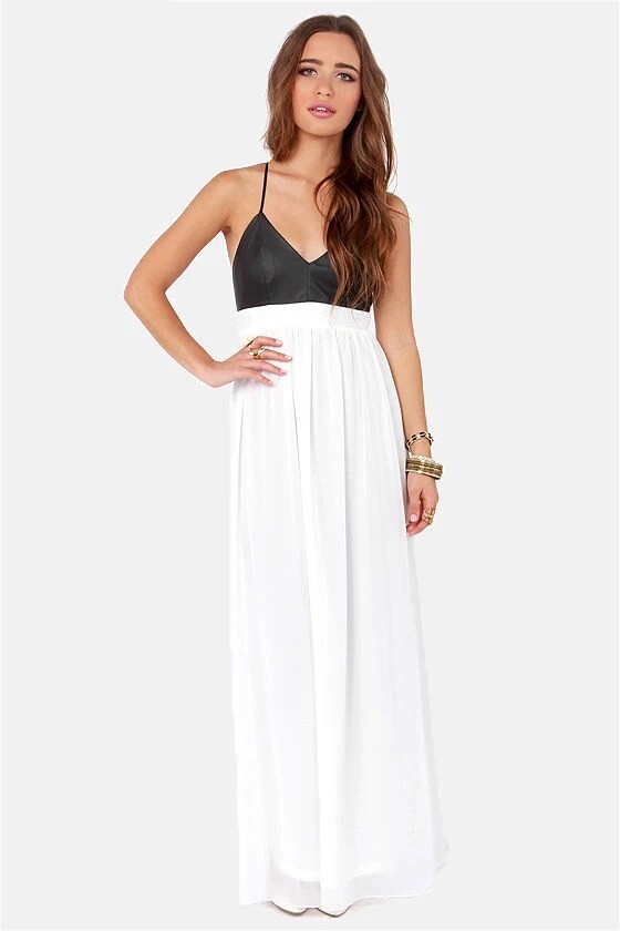 leather and chiffon dress LuLus Midnight Rider Black Faux White Maxi L women-shoes