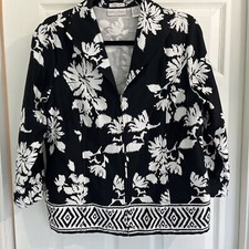 Drapers Damons Black Floral Light Jacket Women's 3/4 sleeve zipper sz Med