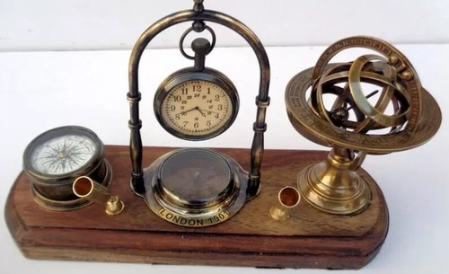 Brass table top clock with pen holder compass armillary sphere globe clock desk - Picture 10 of 10
