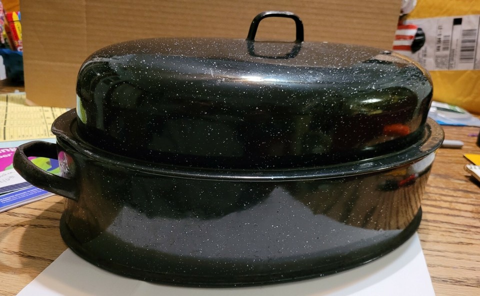 VINTAGE SAVORY ROASTING PAN 17” LARGE DBL WALLED BLACK ENAMEL WITH