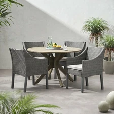 Orwel Outdoor 5 Piece Wood and Wicker Dining Set, Gray and Gray