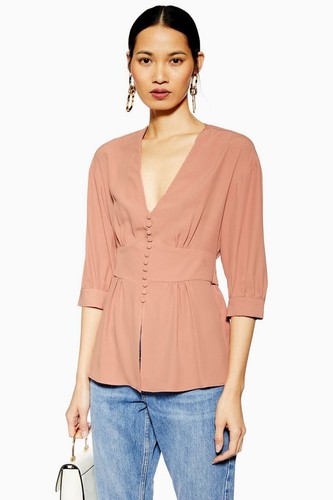 TOPSHOP Pink Plunge Button Down Blouse 