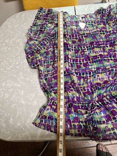 NWT FASHION BUG Sheer Blouse Purple Green Flutter Slv Peplum Elastic Waist Sz S - Picture 11 of 15
