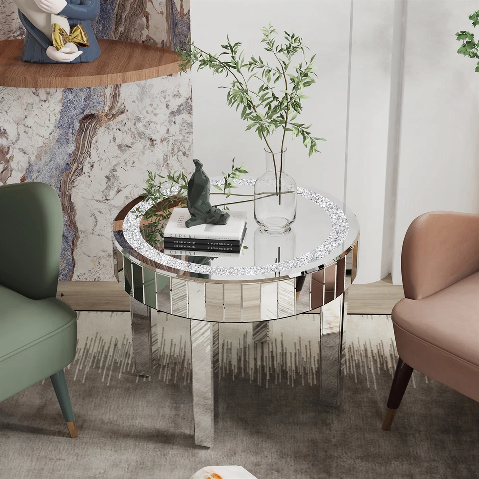 Mesa de centro redonda de 18 pulgadas de alto con incrustaciones de diamantes para sala de estar Foto 4 de 4