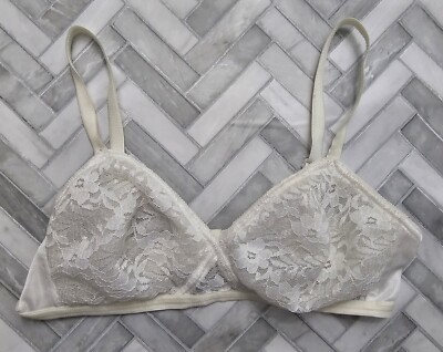 Vintage White Bra Lace Cups Wireless Lined Adjustable Straps #1722 M25 Sz 34B