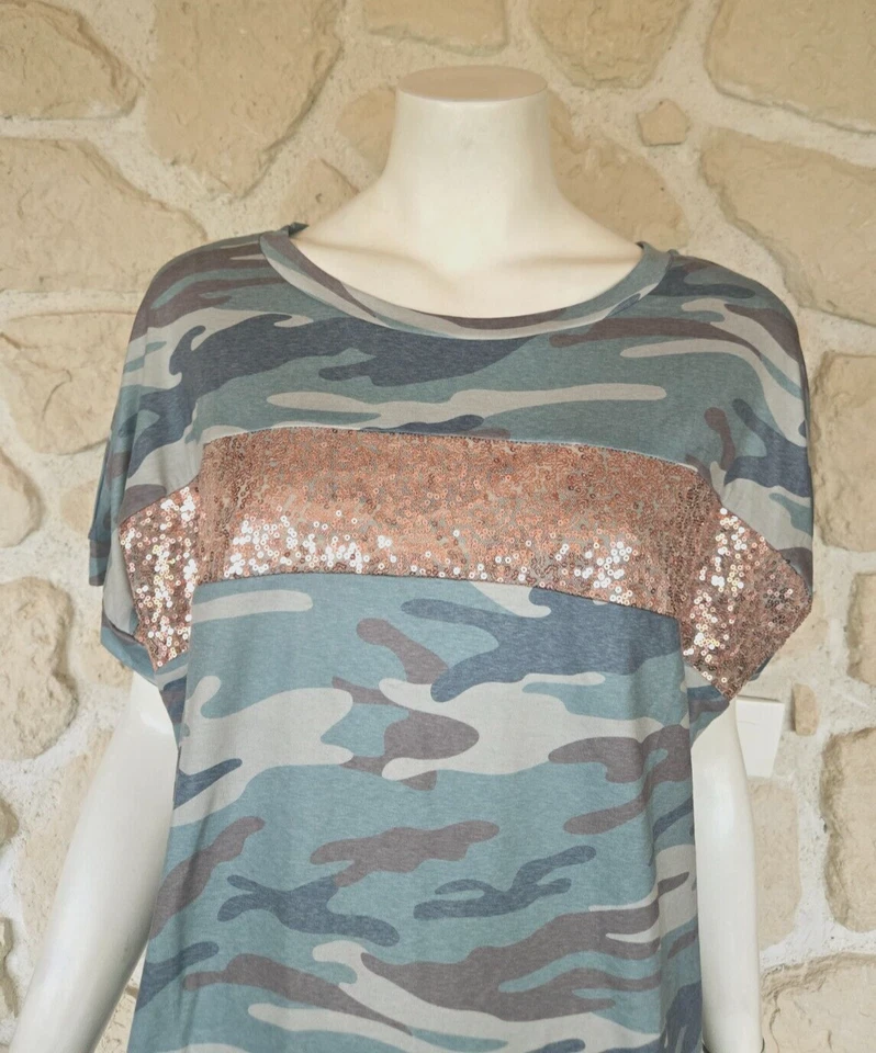 Tee shirt camouflage vert avec sequins neuf (li) - Photo 2/4