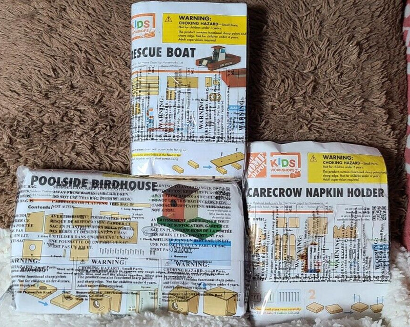 3 new Home Depot Kids Workshop Kits, Birdhouse, Boat, Napkin Holder, Free Shippi