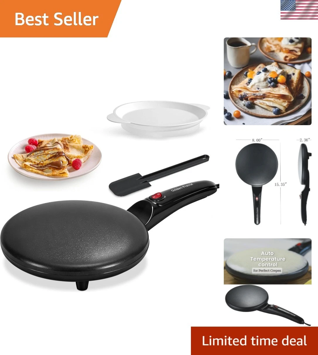 Crepe Maker Electric, 8" Crepe Pan Nonstick with Batter Spreader & Dipping Tr...