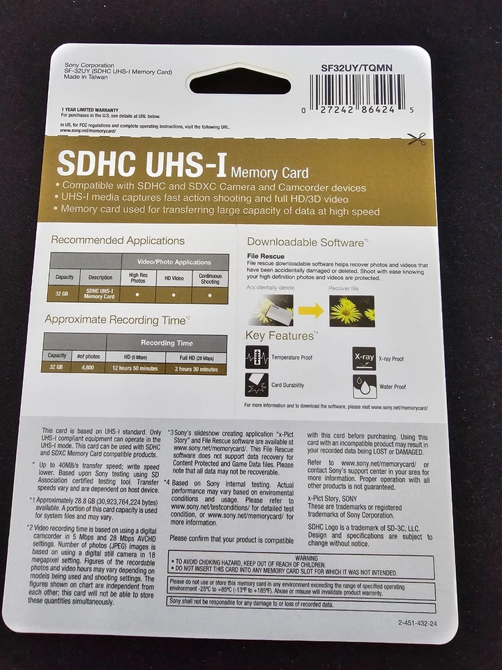 Sony 32GB Class 10 UHS-1 SDHC 40MB/s Memory Card SF32UY/TQMN NEW Authentic OEM - Image 2 of 2