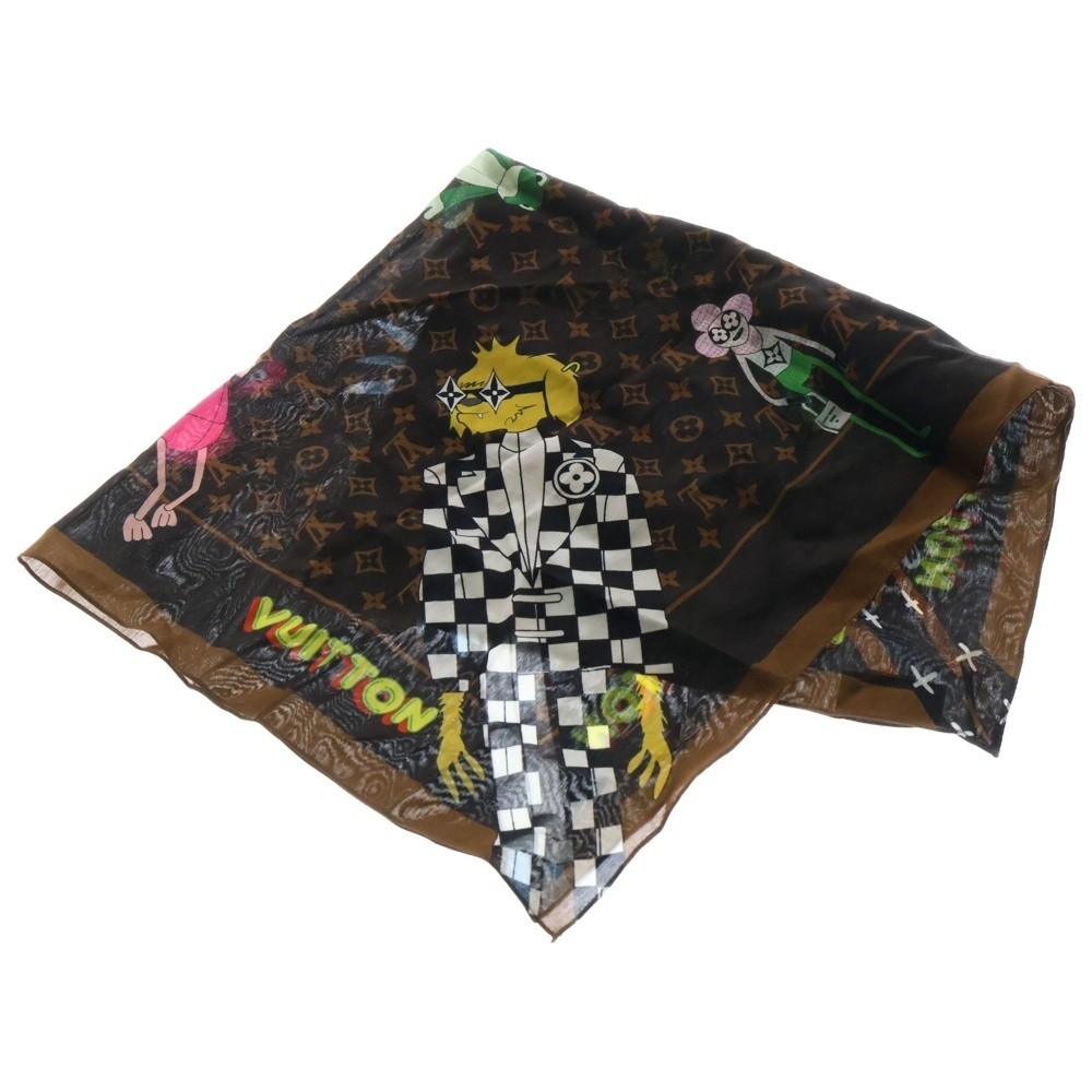 LOUIS VUITTON Monogram LV Friends Scarf Brown Silk Muffler Accessory