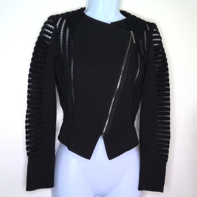 Poetry Black Jacket Cropped Long Lace Sleeves Silver Tone Zipper Stretch EUC S