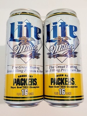 MILLER  LITE  16OZ EMPTY CANS GREEN BAY PACKERS SUPERBOWL XXX1 CHAMPIONS 6-PAK