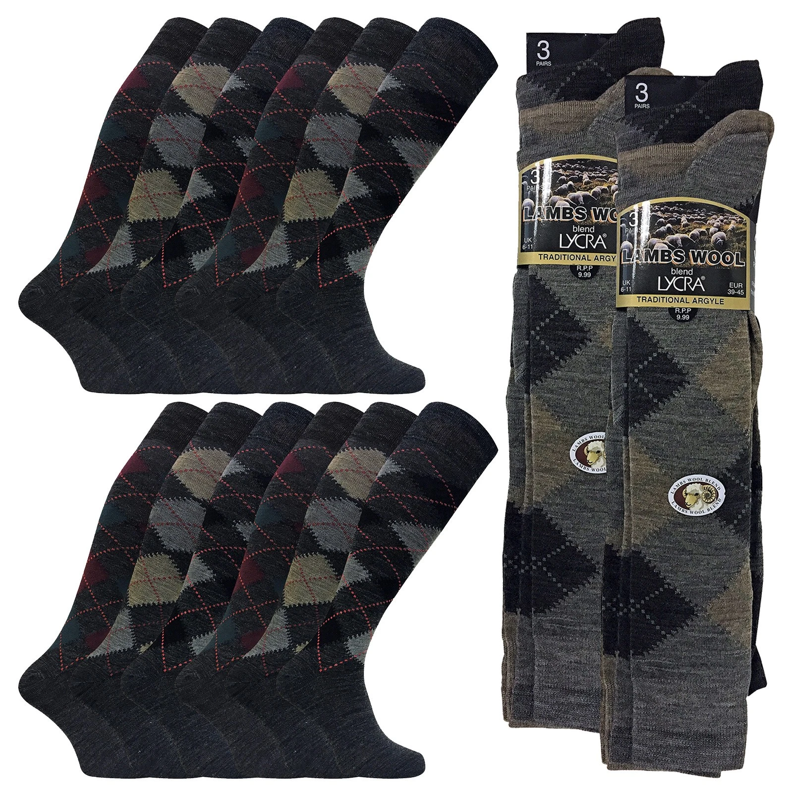 Sock Snob - Mens Wool Argyle Knee High Socks 12 Pack Winter Socks