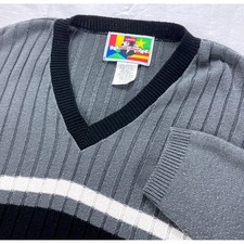 Vintage Levi's Worlds Finest V-Neck Sweater Mens XL Gray Striped Ribbed USA Made