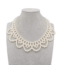 White Crochet Faux Pearl Bib Collar Necklace Ginsburg 16"-18"