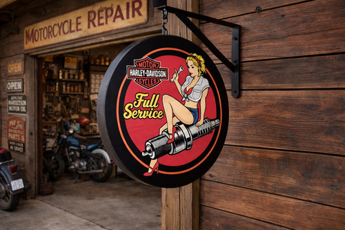 Harley Davidson Full Service Pinup girl 12" (inch) Double Sided Wood Pub Sign