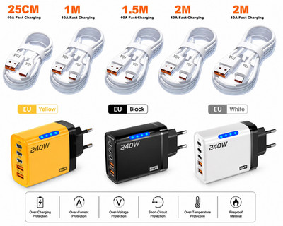 240W Schnellladegerät mit Eu-Stecker Netzteil mit 5 USB-C-PD-Anschlüssen Type C