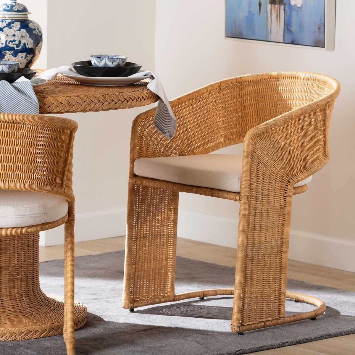 Chic Handwoven Rattan Dining Chair with Cushioned Seat and Metal Frame