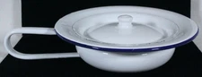RARE! ANTIQUE ENAMELWARE WHITE W/ BLUE TRIM HANDLED BED PAN W/ LID / PLANTER