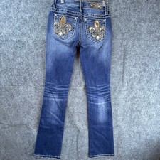 Miss Me Jeans Womens 25 Mid Rise Slim Boot Cowhide Embellished Fleur De Lis