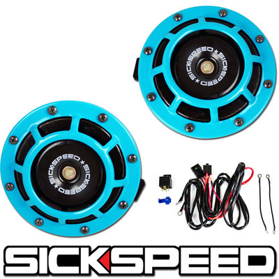 SICKSPEED 2PC RED SUPER LOUD GRILLE MOUNT COMPACT BLAST TONE HORN W HARNESS P22
