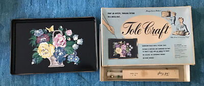 Vintage 1950 s Tole Craft Paint By Number Metal Tray Floral Design Original Box
