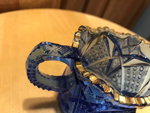cobalt blue button in diamond antique EAPG Pressed Glass cream pitcher 3"x4" - Picture 6 of 9