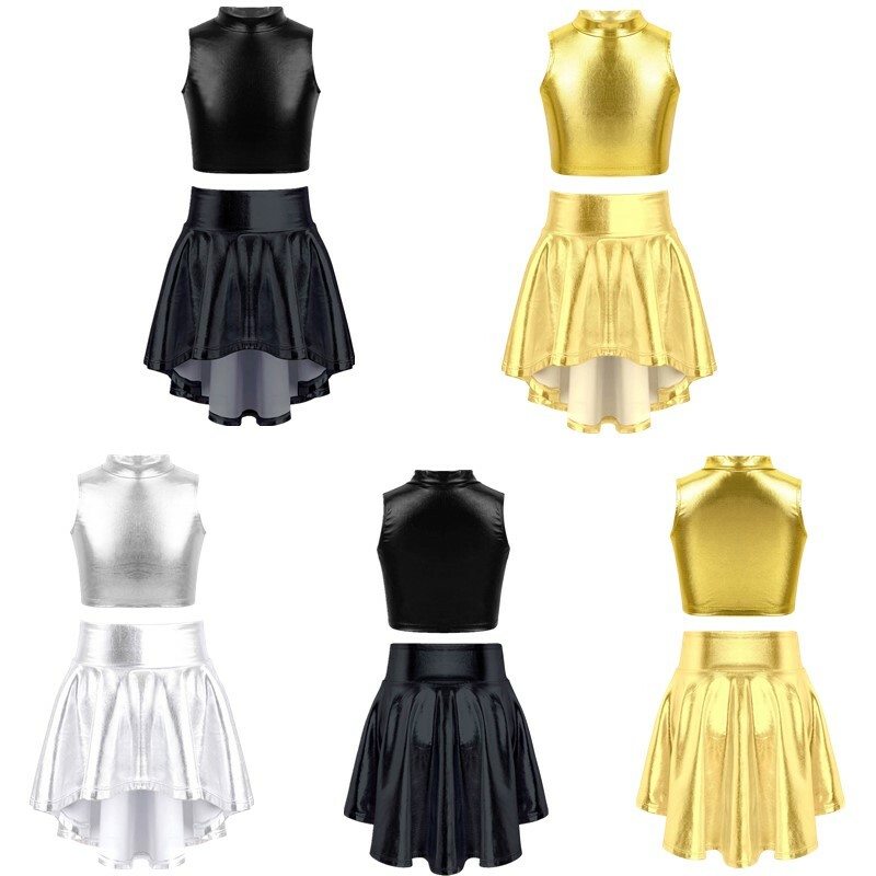 Girls Latin Jazz Dance Costume - Shiny Sequins Crop Top & Skirt Set