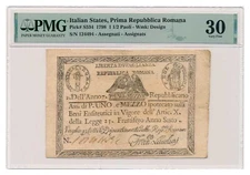 ITALIAN STATES (REPUBBLICA ROMANA) banknote 1 1/2 Paoli 1798 PMG VF 30 Very Fine