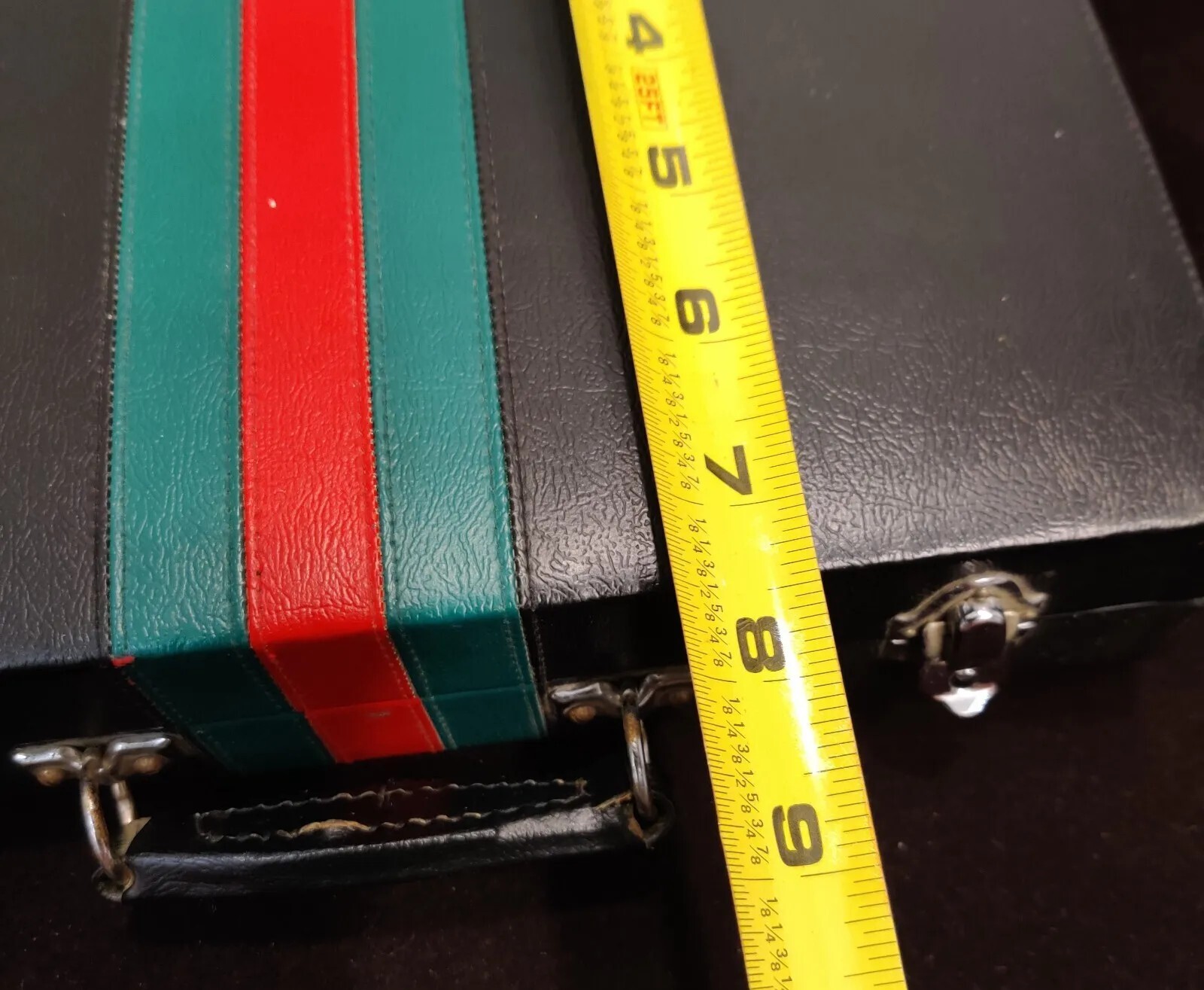 Vtg Backgammon Travel Board Game Black Green Red Faux Leather Case 8x10" Guide