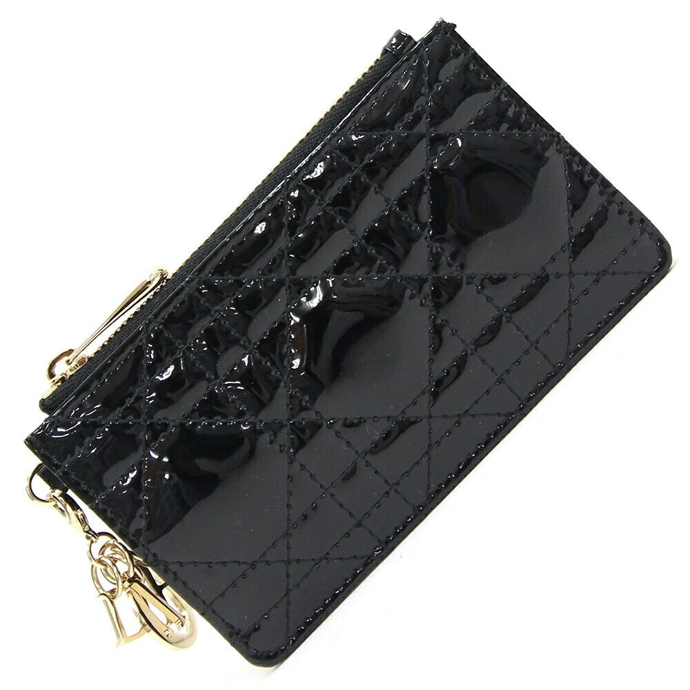 Porte monnaie Dior Lady Dior noir verni cuir de veau occasion mini porte monnaie clé portefeuille