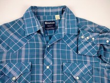 Vintage BRONCO Authentic Western Shirt Blue Plaid Sz 16x34 Pearl Snap Long Tails