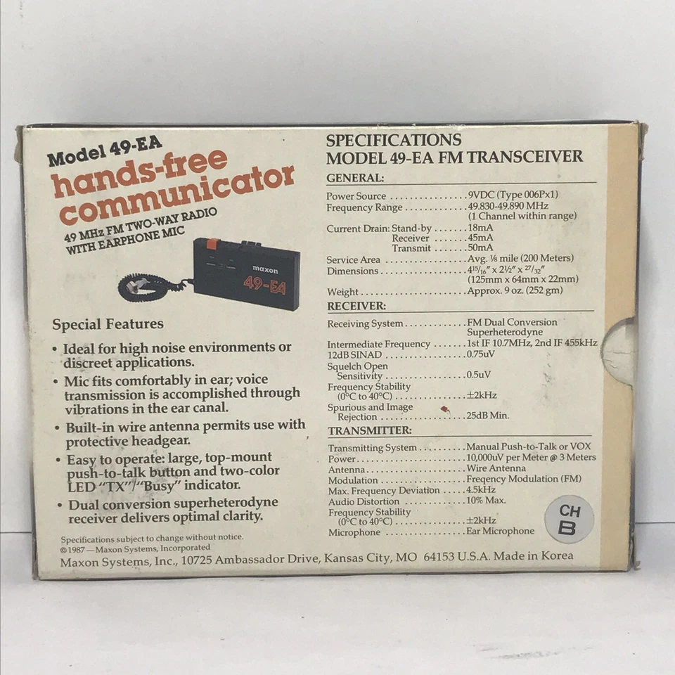 Maxon FM Two Way Radio Model 49-EA Hands Free Communicator VTG 1987 New - Image 2 of 4