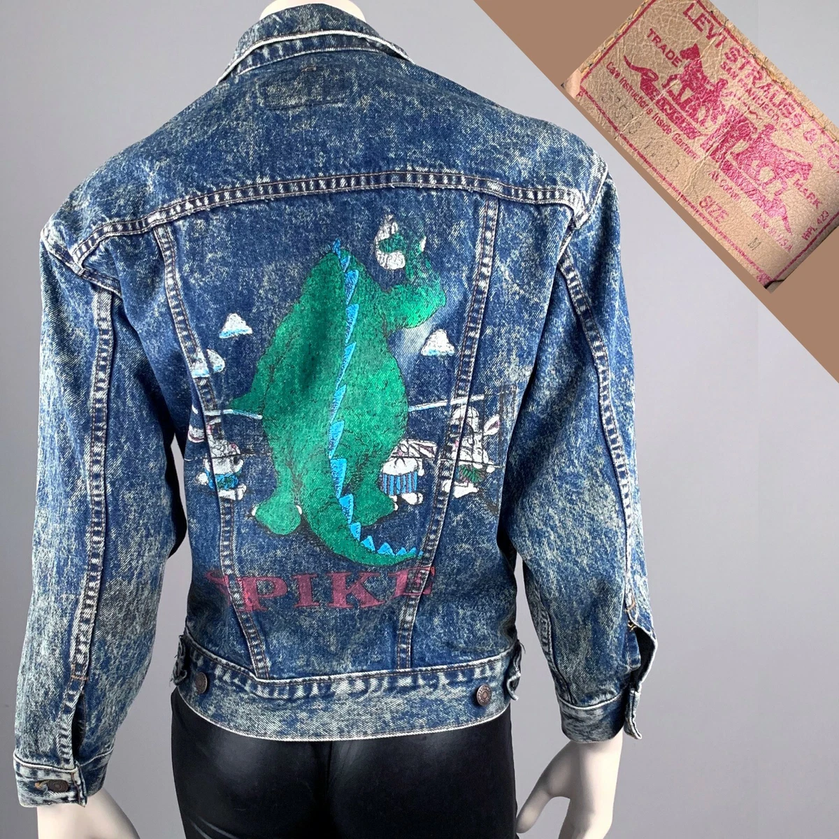 M Vintage 80s LEVIS USA Acid Wash Painted Trucker Jean Jacket