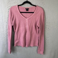 Moda International Shirt Womens M Pink Waffle Knit Thermal Hook Front Top Y2K
