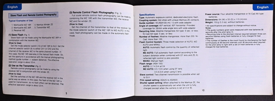 Original Mamiya Mamiyalite MZ 18R User Manual - Excellent - Image 3 of 3