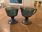 Vintage Indiana Carnival Glass Iridescent Blue Harvest Grape Sugar & Creamer Set
