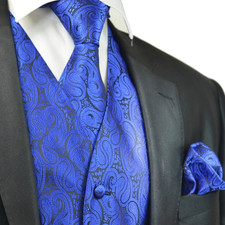 Paul Malone Formal Vest, Tie  Pocket Square Set Royal Blue Black Paisley 3XL