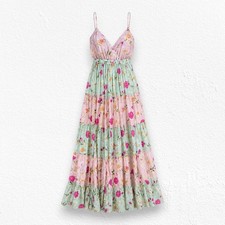 Raga Floral Tiered Maxi Dress Pink Mint Smocked Back Boho Size XS NWT R1665