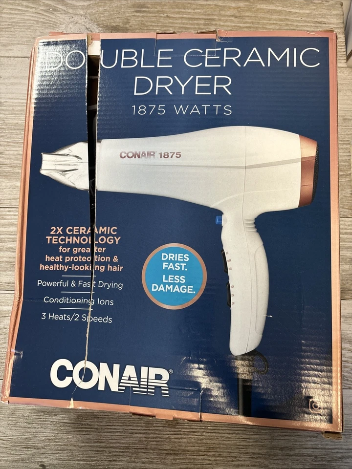 ПОВРЕЖДЕННАЯ КОРОБКА Фен Conair Double Ceramic 1875 Ionic Condit Белое/Розовое золото - Изображение 2 из 4