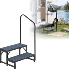 2 Step RV Stairs with Handrail Mat for RV Camper Mobile Home Porch Heavy Duty