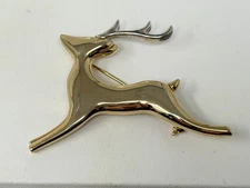 2-Tone Silvertone Goldtone Leaping Deer Reindeer Brooch Pin