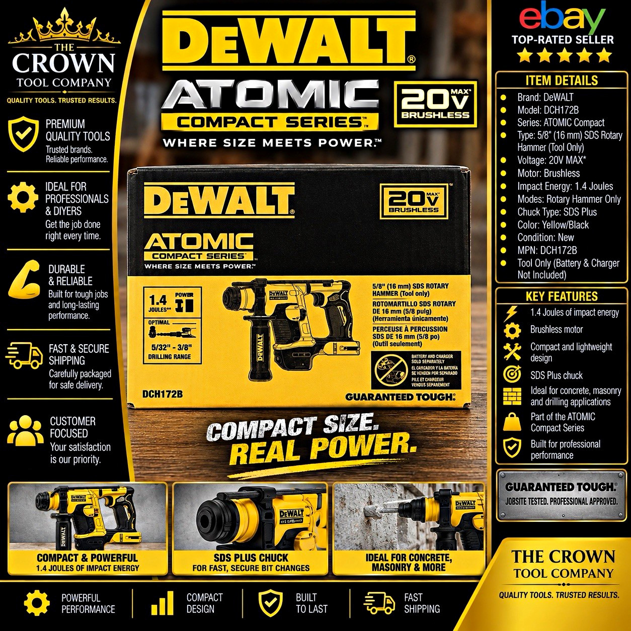 DEWALT ATOMIC 20V MAX Brushless SDS Plus Rotary Hammer Drill 5/8