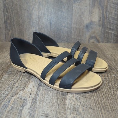 Crocs Tulum Open Flat Sandals Womens 6 Black Tan Strappy Slip On Comfort Casual