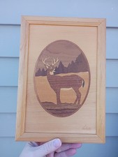 Hudson River Inlay Marquetry Art Deer in Forest signed Nelson 10" x 7"